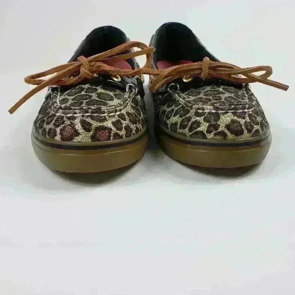Sperry Top Sider Boat Shoes Sparkly Leopard Brown Black Raw Hide Lace Size 7.5M - Picture 3 of 16